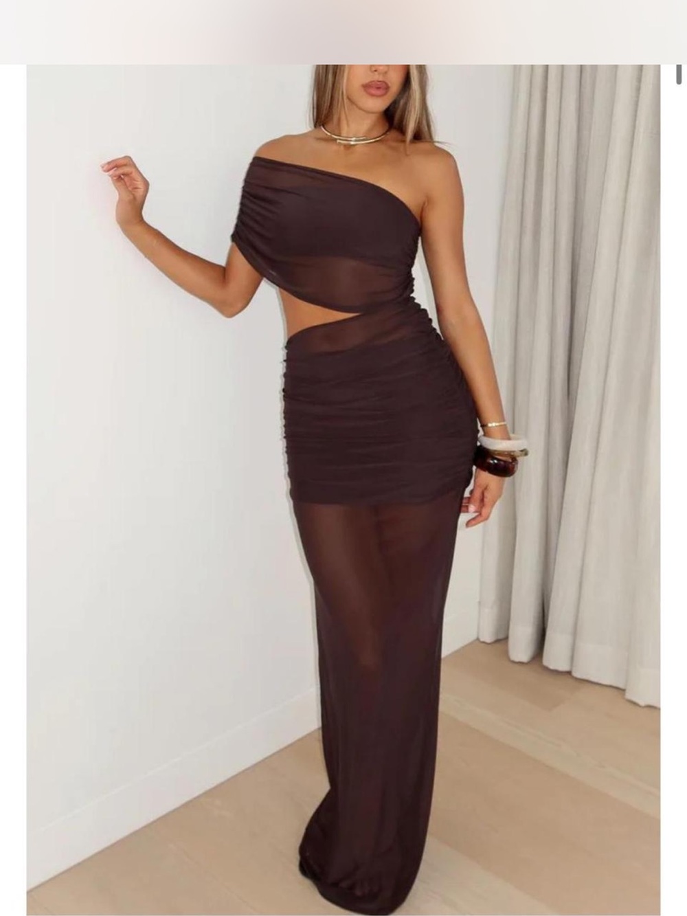 White Fox Boutique One-Shoulder Brown Cutout Sheer Maxi Dress
